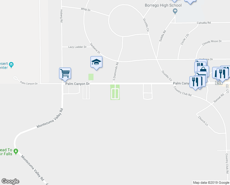 map of restaurants, bars, coffee shops, grocery stores, and more near 351 Palm Canyon Drive in Borrego Springs