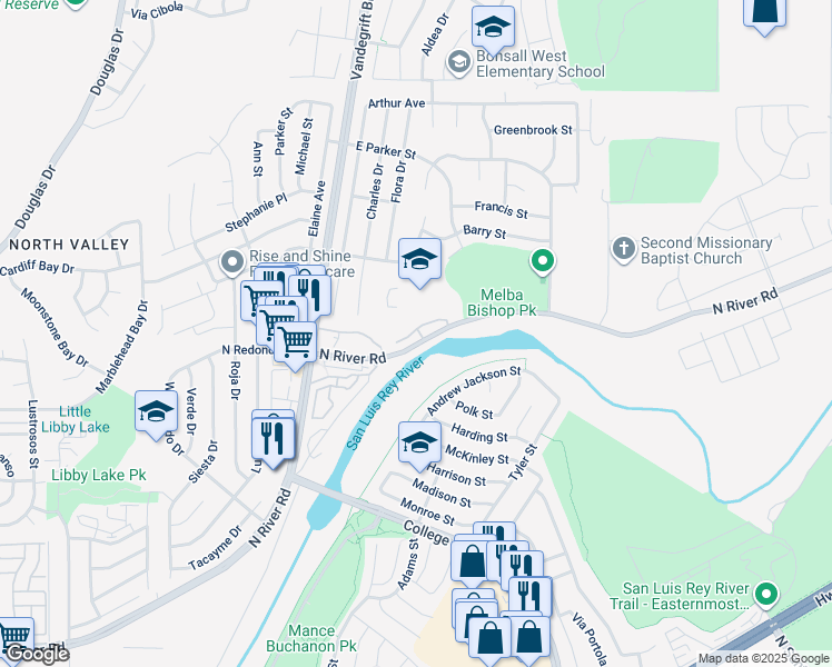 map of restaurants, bars, coffee shops, grocery stores, and more near 5120 North River Road in Oceanside