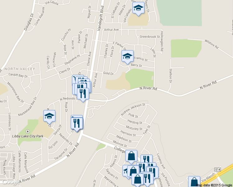 map of restaurants, bars, coffee shops, grocery stores, and more near 5130 River Circle in Oceanside