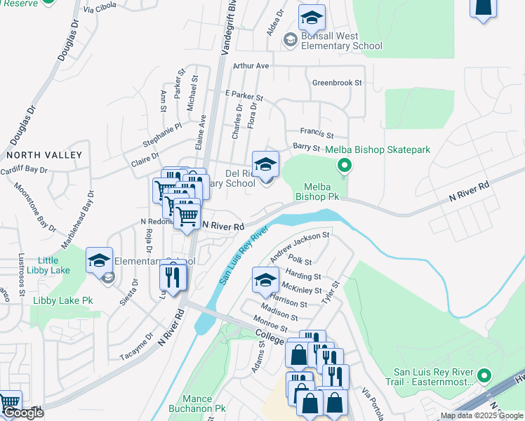 map of restaurants, bars, coffee shops, grocery stores, and more near 5130 River Circle in Oceanside