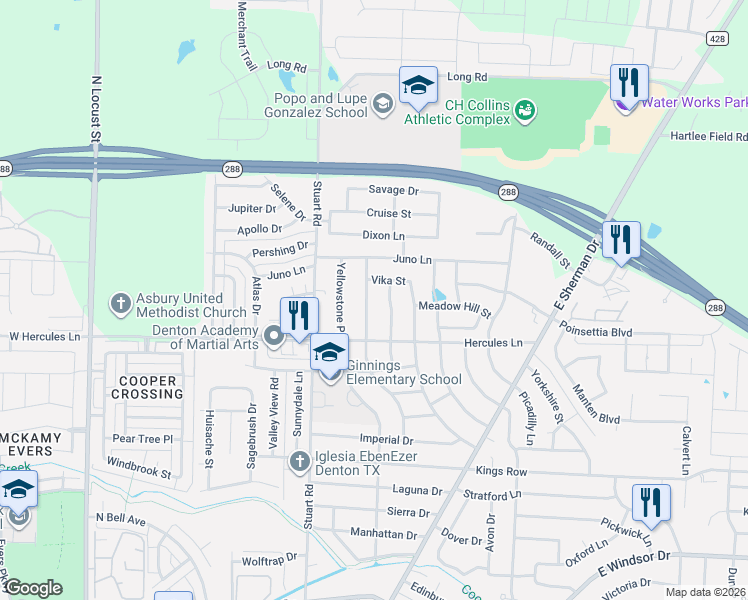 map of restaurants, bars, coffee shops, grocery stores, and more near 3820 Sheraton Road in Denton