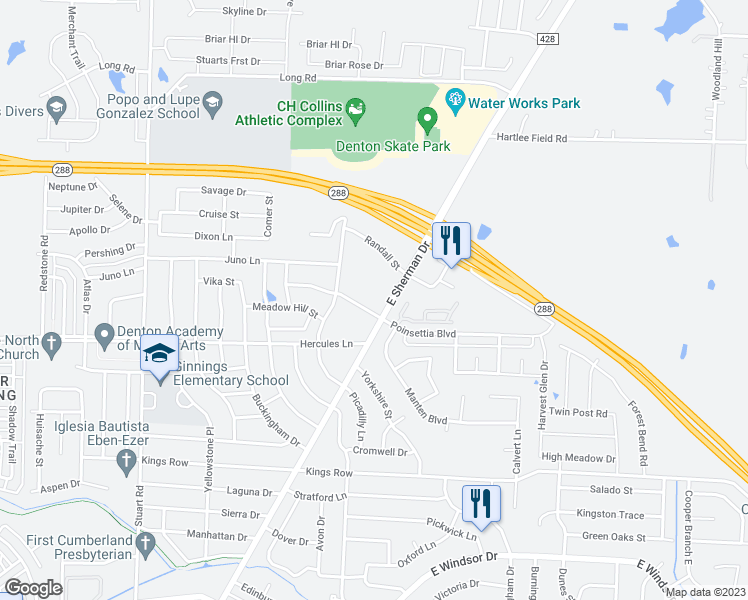 map of restaurants, bars, coffee shops, grocery stores, and more near 3851 East Sherman Drive in Denton