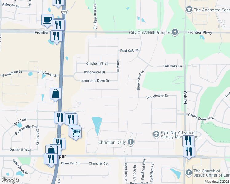 map of restaurants, bars, coffee shops, grocery stores, and more near 1800 Wichita Drive in Prosper