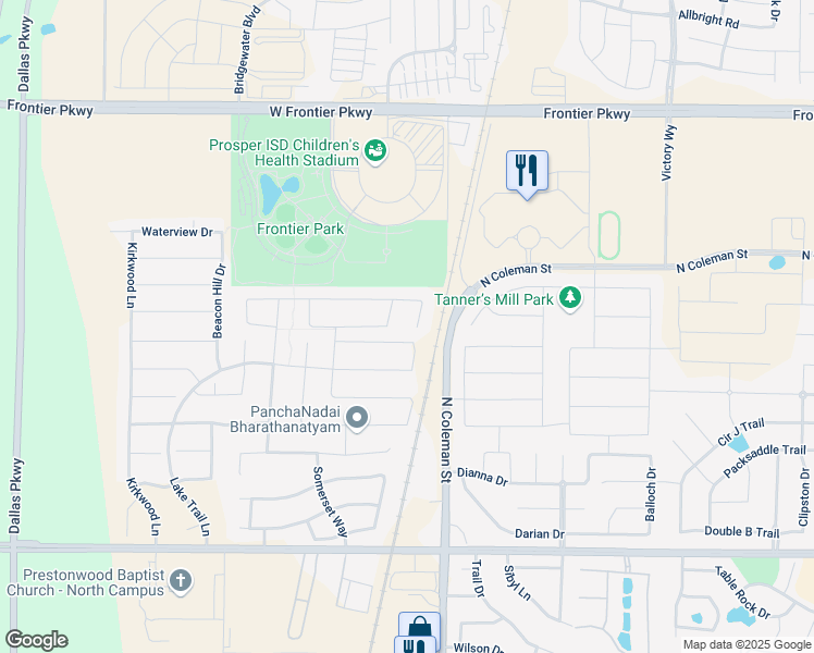 map of restaurants, bars, coffee shops, grocery stores, and more near 311 Fawn Mist Drive in Prosper