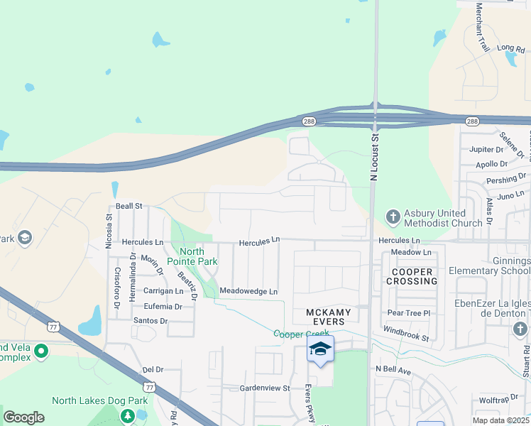 map of restaurants, bars, coffee shops, grocery stores, and more near 4001 North Locust Street in Denton