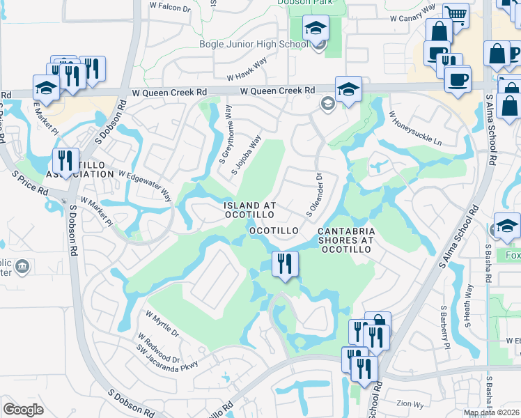 map of restaurants, bars, coffee shops, grocery stores, and more near 3330 South Ambrosia Drive in Chandler