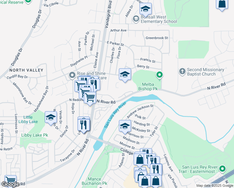 map of restaurants, bars, coffee shops, grocery stores, and more near 150 North River Circle in Oceanside