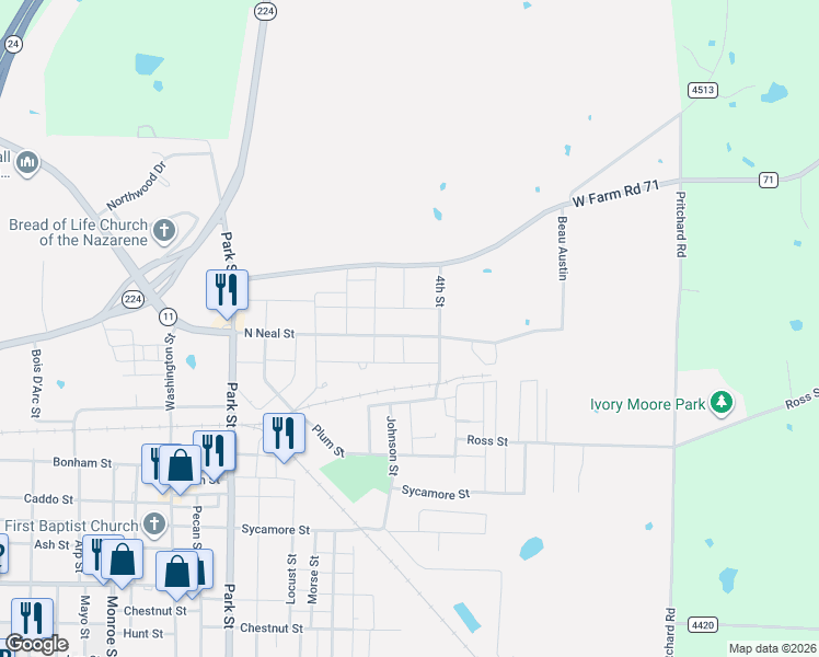 map of restaurants, bars, coffee shops, grocery stores, and more near 403 North Neal Street in Commerce