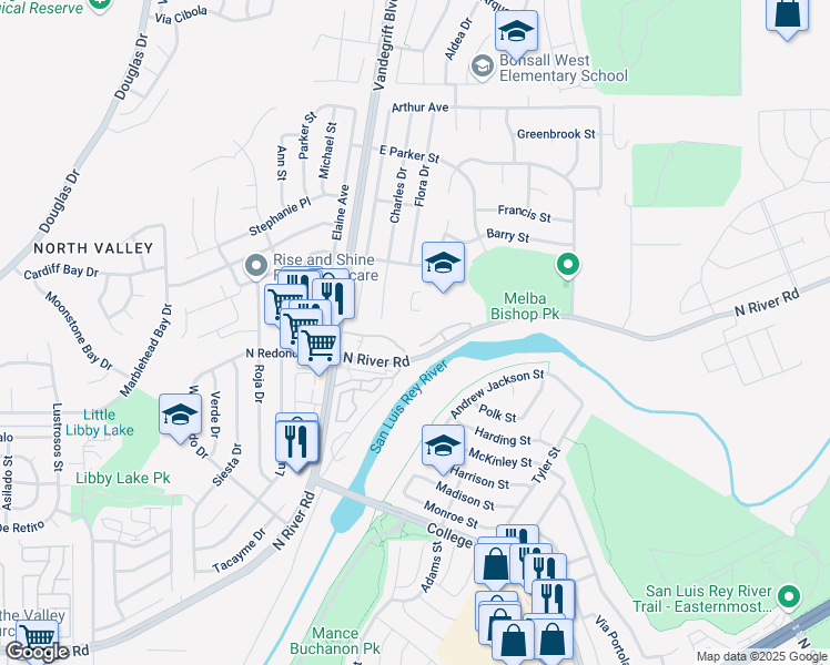 map of restaurants, bars, coffee shops, grocery stores, and more near 5004 Los Morros Way in Oceanside