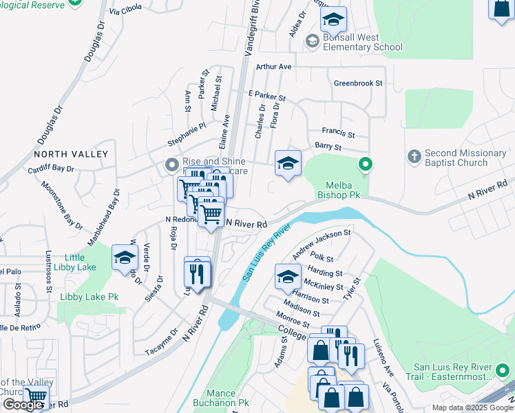 map of restaurants, bars, coffee shops, grocery stores, and more near 5004 Los Morros Way in Oceanside