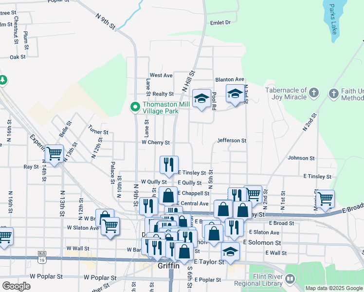map of restaurants, bars, coffee shops, grocery stores, and more near 106 East Cherry Street in Griffin