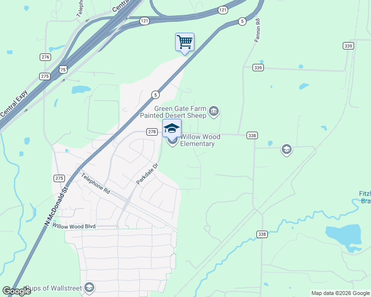 map of restaurants, bars, coffee shops, grocery stores, and more near 1044 County Road 278 in Melissa