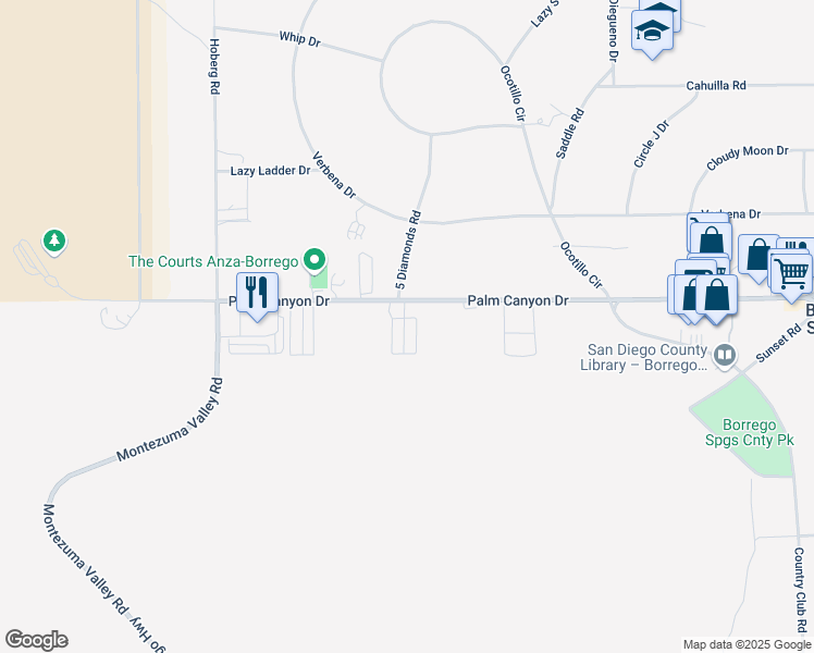 map of restaurants, bars, coffee shops, grocery stores, and more near 351 Palm Canyon Drive in Borrego Springs