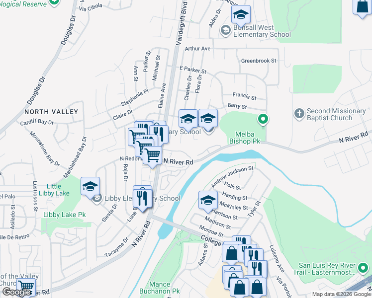 map of restaurants, bars, coffee shops, grocery stores, and more near 5049 Los Morros Way in Oceanside
