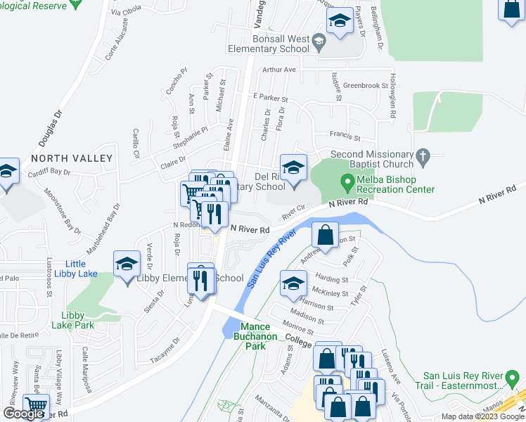 map of restaurants, bars, coffee shops, grocery stores, and more near 5004 Los Morros Way in Oceanside