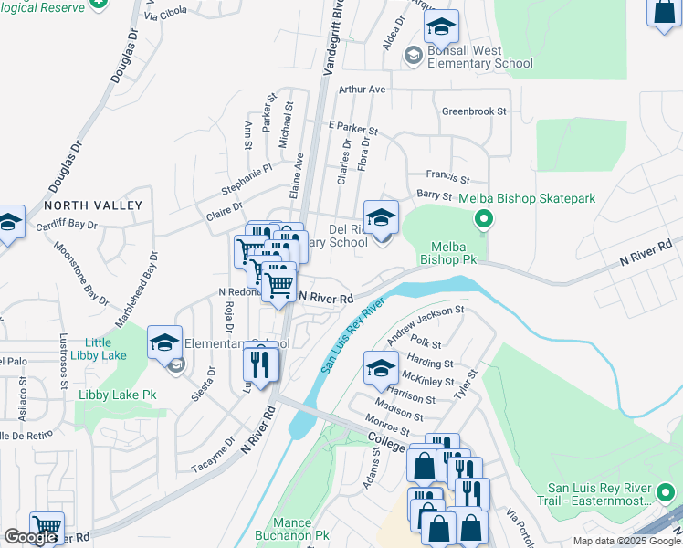 map of restaurants, bars, coffee shops, grocery stores, and more near 5045 Los Morros Way in Oceanside
