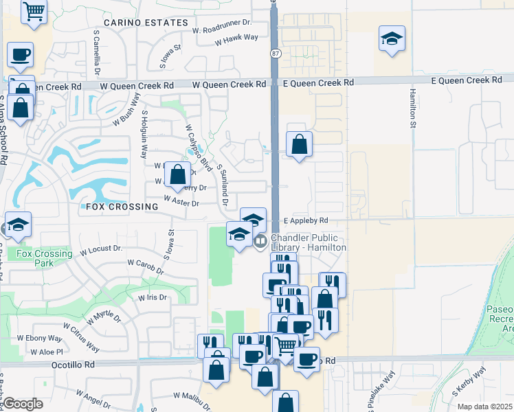 map of restaurants, bars, coffee shops, grocery stores, and more near 3500 South Arizona Avenue in Chandler