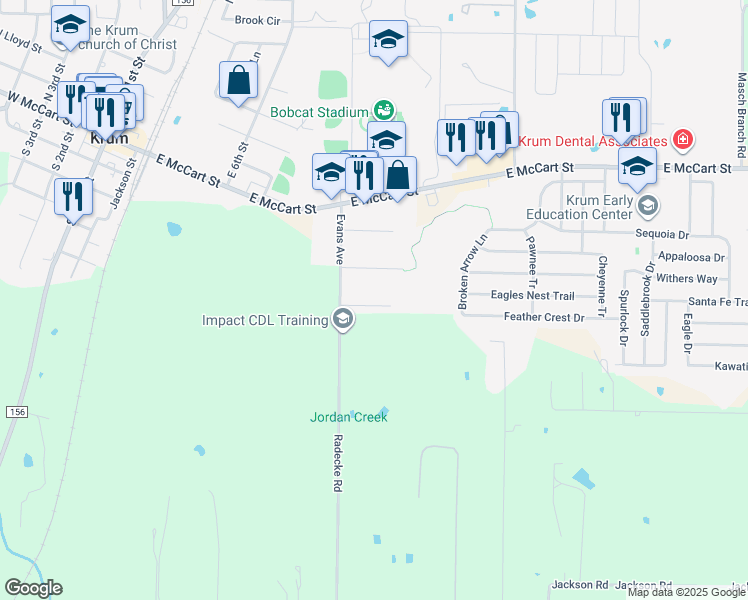 map of restaurants, bars, coffee shops, grocery stores, and more near 906 Clearview Drive in Krum