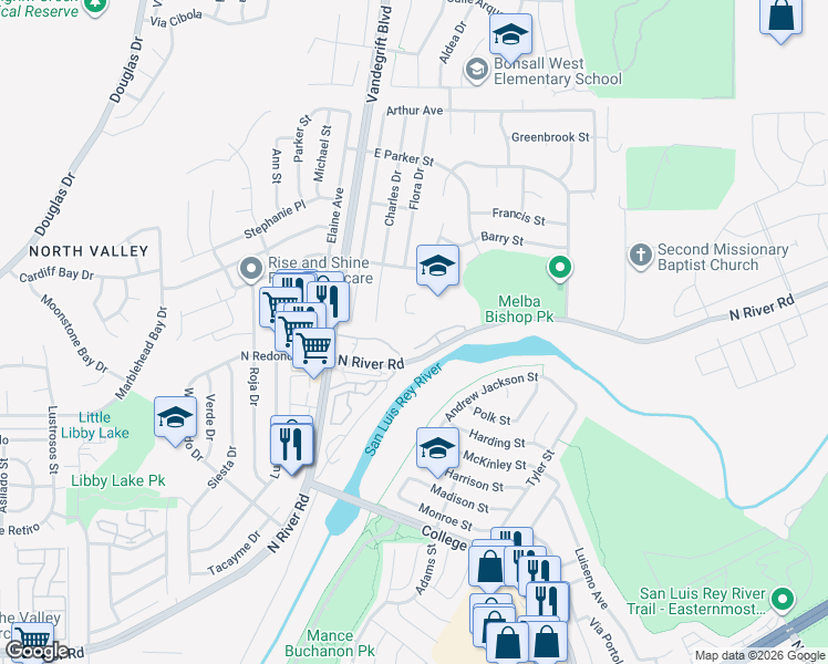 map of restaurants, bars, coffee shops, grocery stores, and more near 150 North River Circle in Oceanside