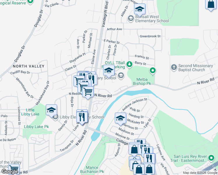 map of restaurants, bars, coffee shops, grocery stores, and more near 5046 Los Morros Way in Oceanside
