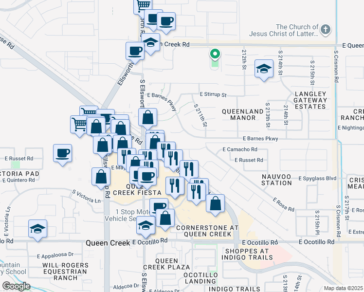 map of restaurants, bars, coffee shops, grocery stores, and more near 20953 East Camacho Court in Queen Creek