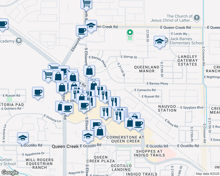 map of restaurants, bars, coffee shops, grocery stores, and more near 20953 East Camacho Court in Queen Creek