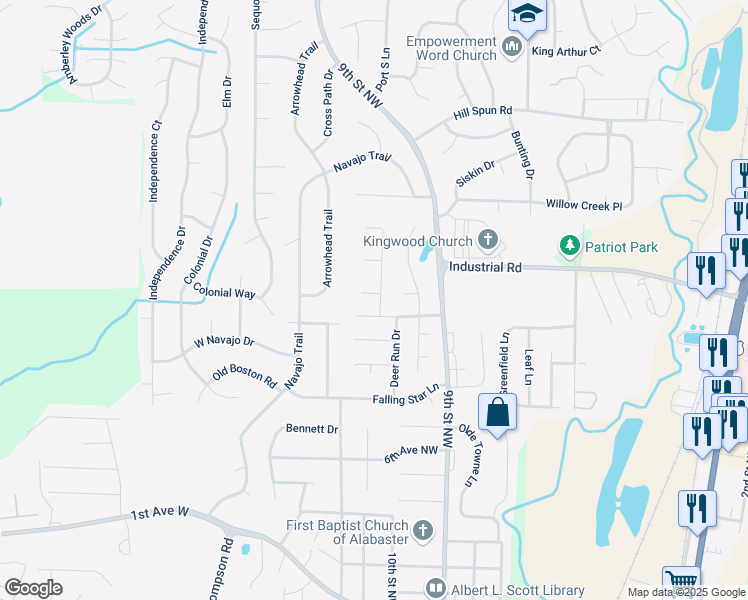 map of restaurants, bars, coffee shops, grocery stores, and more near 121 Sundance in Alabaster