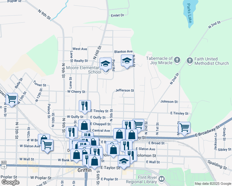 map of restaurants, bars, coffee shops, grocery stores, and more near 320 Jefferson Street in Griffin