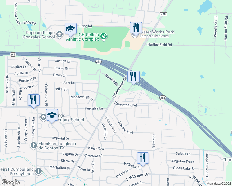 map of restaurants, bars, coffee shops, grocery stores, and more near East Sherman Drive in Denton