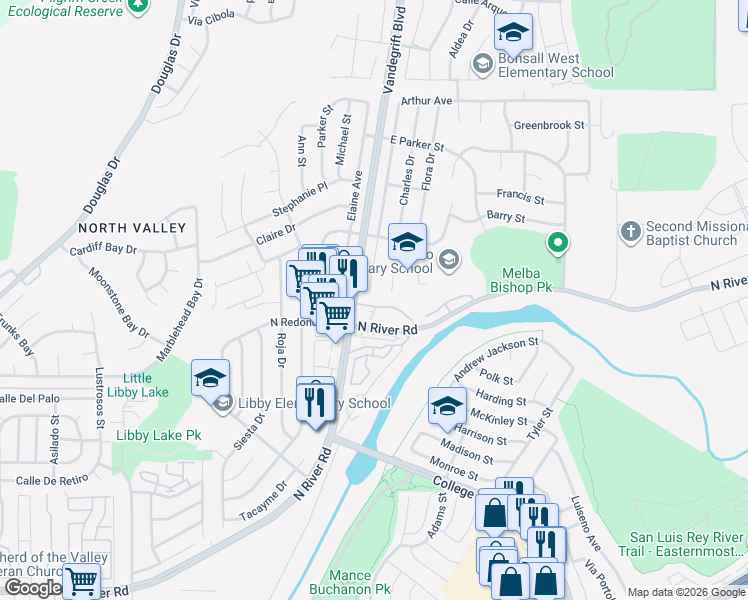 map of restaurants, bars, coffee shops, grocery stores, and more near 5062 Los Morros Way in Oceanside