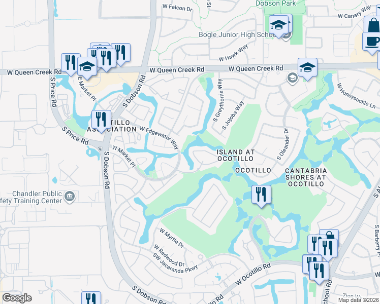 map of restaurants, bars, coffee shops, grocery stores, and more near 2134 West Peninsula Circle in Chandler