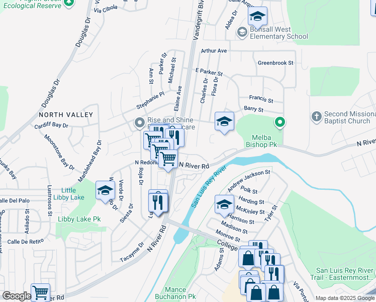 map of restaurants, bars, coffee shops, grocery stores, and more near 5062 Los Morros Way in Oceanside