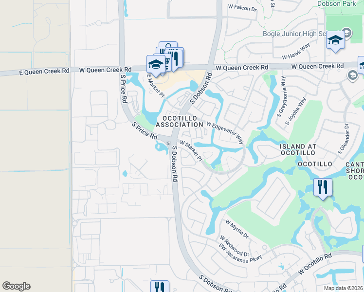 map of restaurants, bars, coffee shops, grocery stores, and more near 2477 West Market Place in Chandler