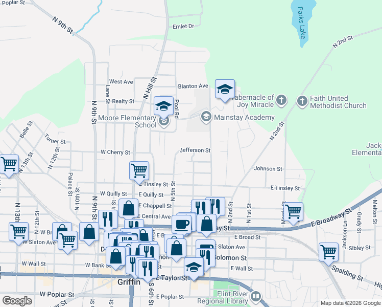 map of restaurants, bars, coffee shops, grocery stores, and more near 320 Jefferson Street in Griffin