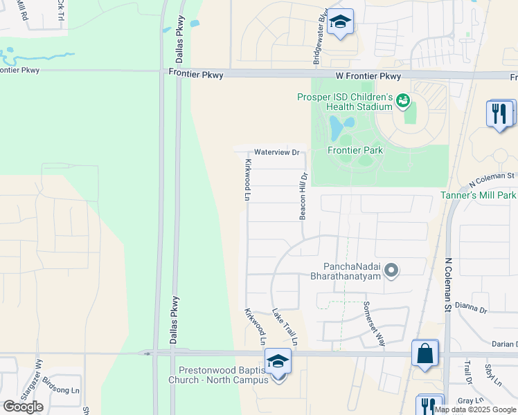 map of restaurants, bars, coffee shops, grocery stores, and more near 941 Rustic Lane in Prosper