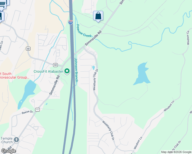 map of restaurants, bars, coffee shops, grocery stores, and more near 207 Weatherly Club Drive in Alabaster