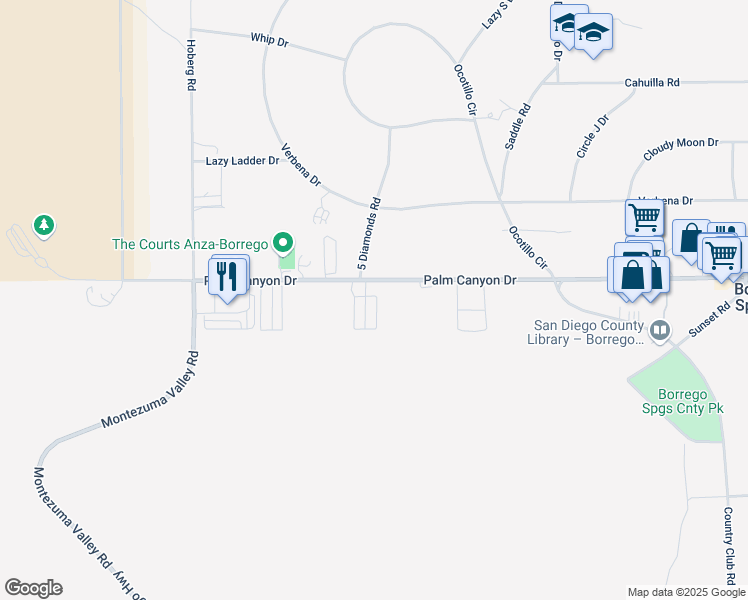 map of restaurants, bars, coffee shops, grocery stores, and more near 351 Palm Canyon Drive in Borrego Springs