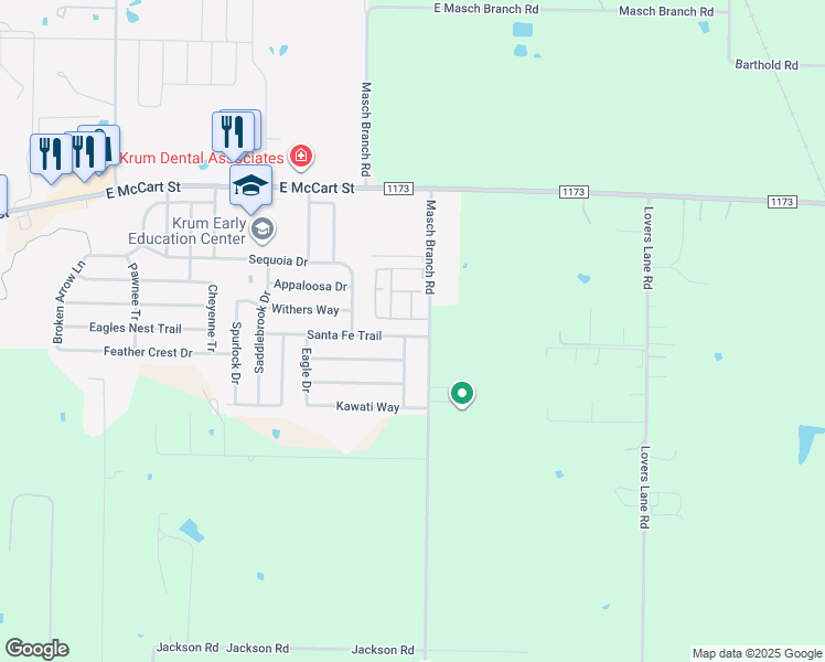 map of restaurants, bars, coffee shops, grocery stores, and more near 1721 Santa Fe Trail in Krum