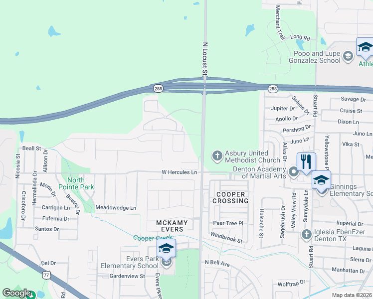 map of restaurants, bars, coffee shops, grocery stores, and more near 4001 North Locust Street in Denton