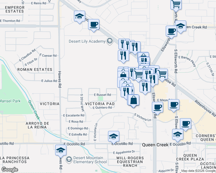 map of restaurants, bars, coffee shops, grocery stores, and more near 20320 East Camacho Road in Queen Creek