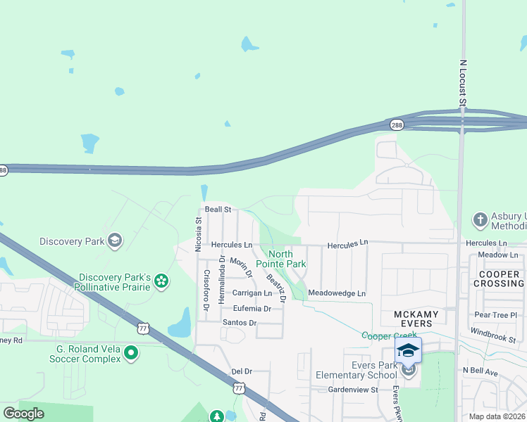 map of restaurants, bars, coffee shops, grocery stores, and more near 3725 Beatriz Drive in Denton