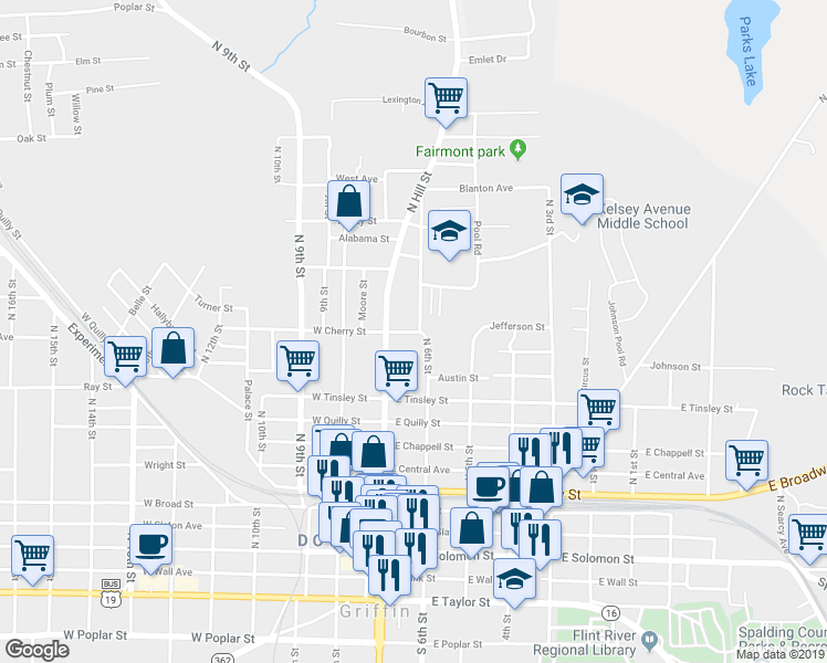 map of restaurants, bars, coffee shops, grocery stores, and more near 106 East Cherry Street in Griffin