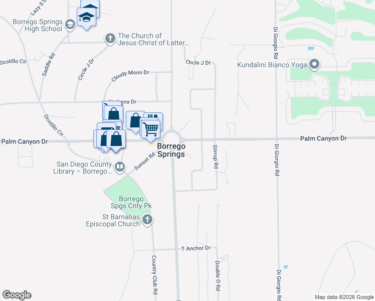 map of restaurants, bars, coffee shops, grocery stores, and more near Avenue Sureste in Borrego Springs