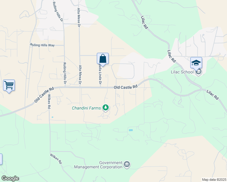 map of restaurants, bars, coffee shops, grocery stores, and more near 11603 Old Castle Road in Valley Center