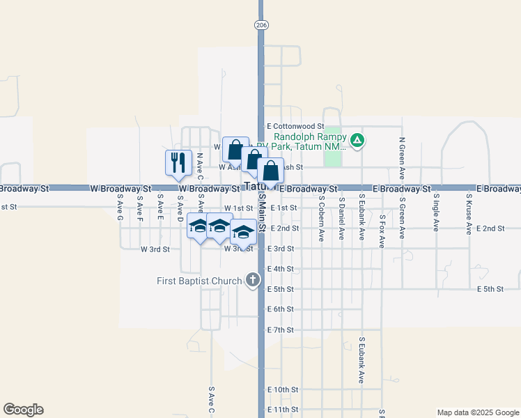 map of restaurants, bars, coffee shops, grocery stores, and more near 100 Main Street in Lovington