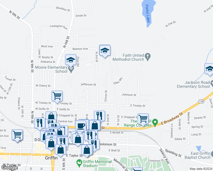 map of restaurants, bars, coffee shops, grocery stores, and more near 598 Jefferson Street in Griffin