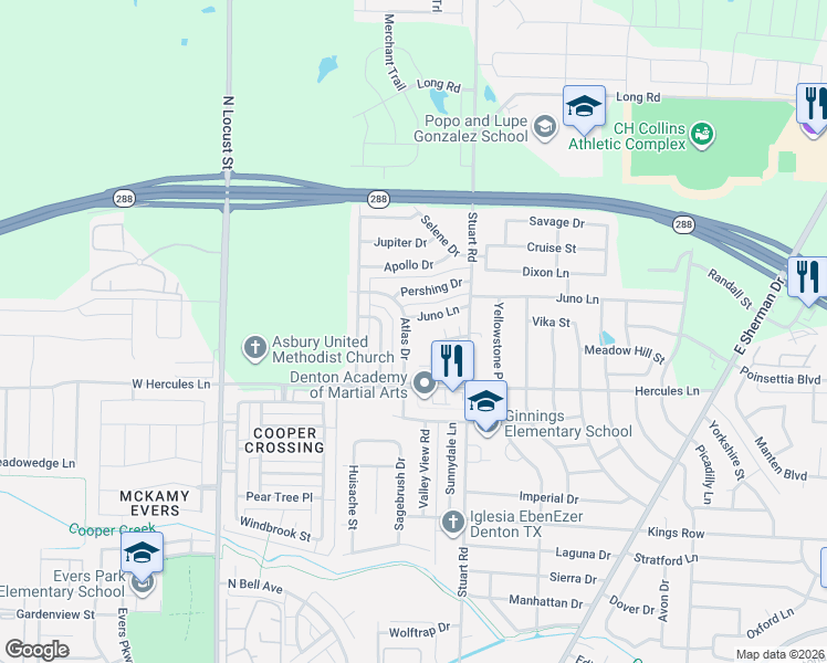 map of restaurants, bars, coffee shops, grocery stores, and more near 617 Juno Lane in Denton