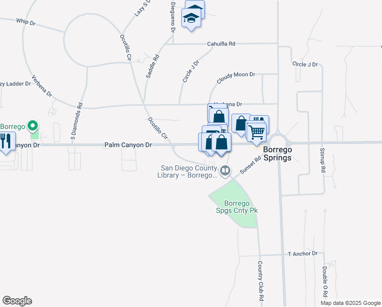 map of restaurants, bars, coffee shops, grocery stores, and more near 557 Palm Canyon Drive in Borrego Springs