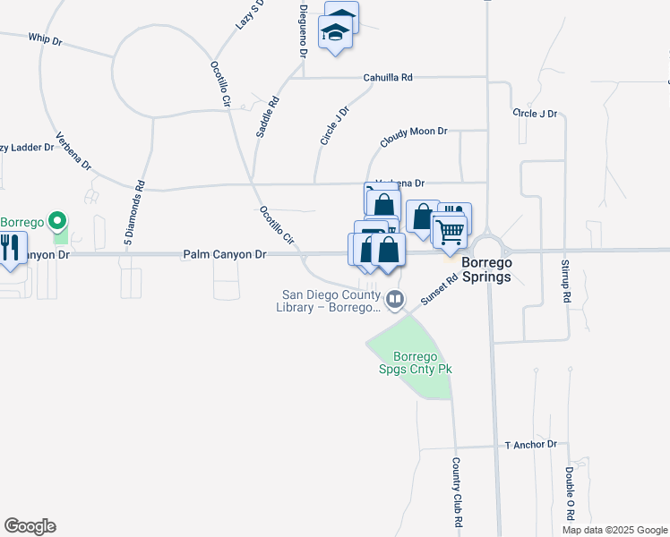 map of restaurants, bars, coffee shops, grocery stores, and more near 2523 Country Club Road in Borrego Springs