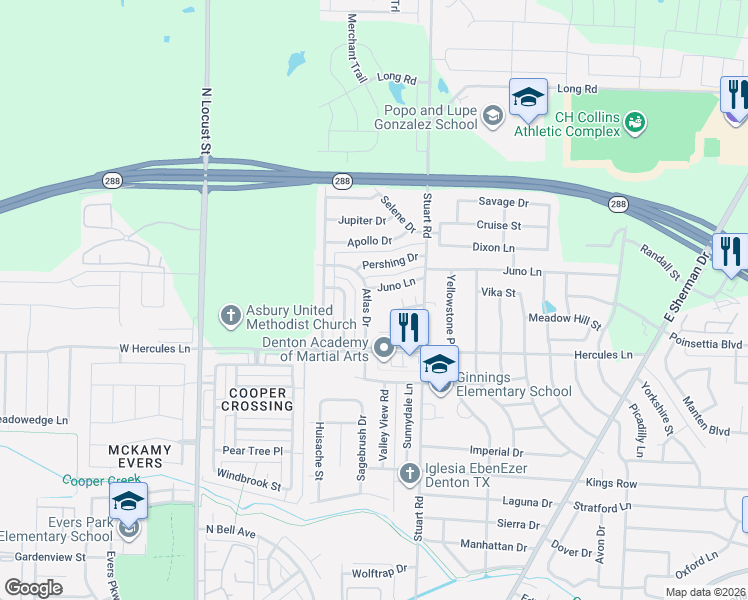 map of restaurants, bars, coffee shops, grocery stores, and more near 617 Juno Lane in Denton